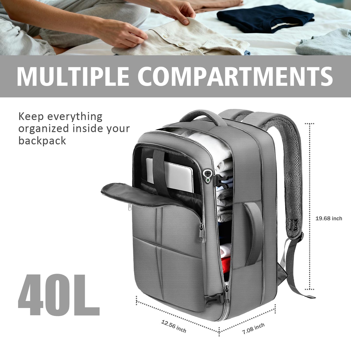 tazbuzo Travel Backpack, Extra Large 50L Flight Approved Carry on Backpack, Expandable Waterproof Business Suitcase Daypack Big Bag Fits 18.4 Inch Laptop, Grey