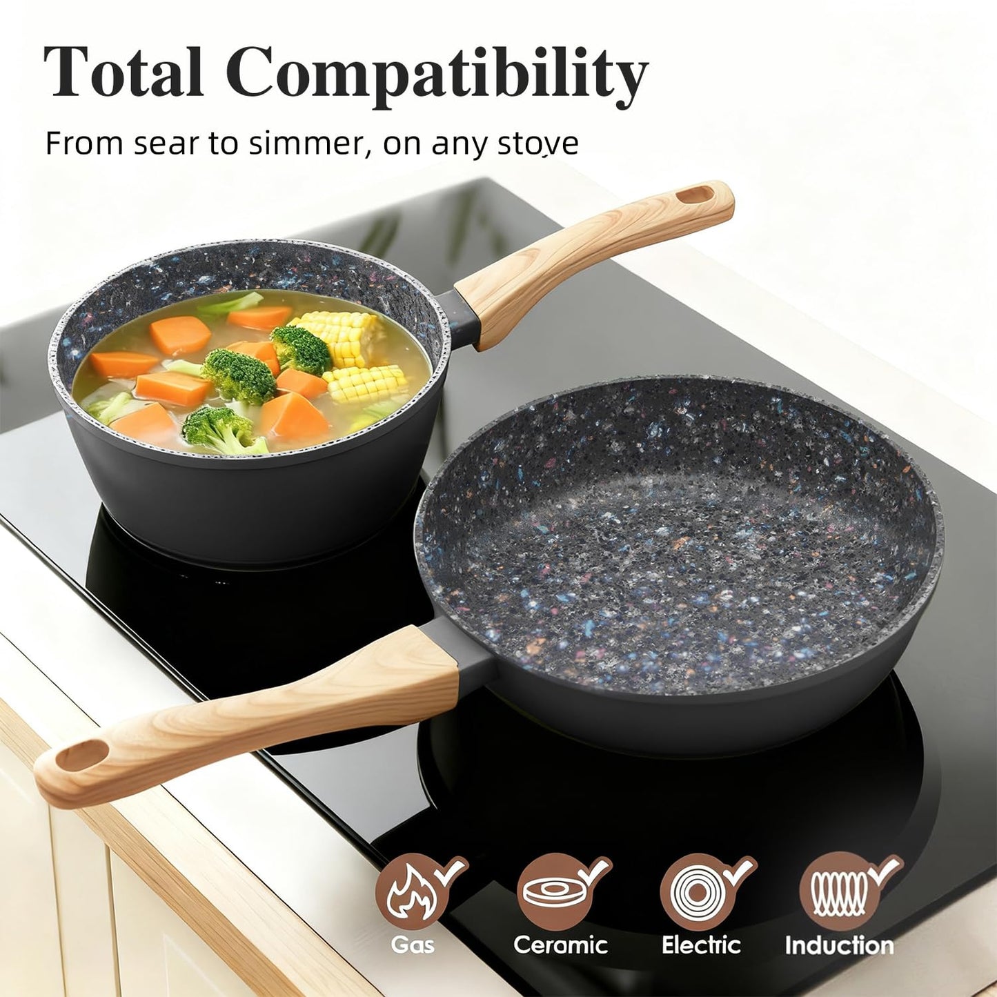 Jovire 2-Piece Nonstick Cookware Set, 8.5 Inch Frying Pan & 1.43QT Saucepan with Lid, PFAS PFOA Free Non-Toxic Coating, Heavy Bottom Even Heat, Induction Compatible, Dishwasher Safe – Black