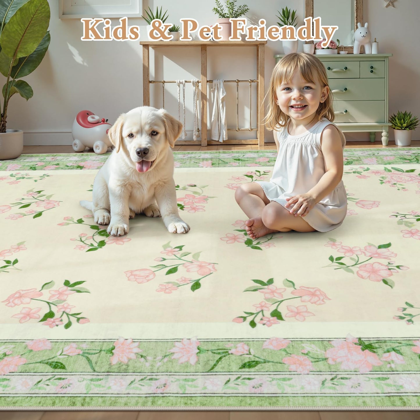 LIVEBOX Machine Washable Rug 5 x 7 Green Rugs for Living Room, Non Slip Vintsge Boho Bedroom Rug, Low-Pile Print Distressed Floral Carpet for Bedroom Home Office, Dining Room