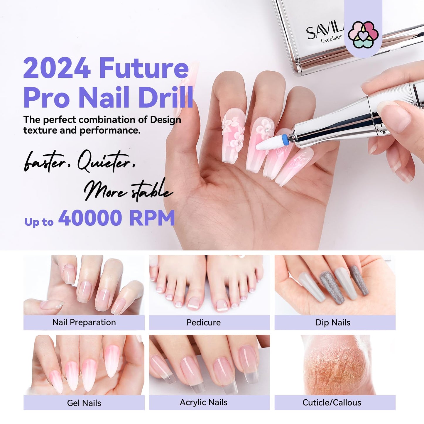 SAVILAND Electric Nail Drill Professional: 2024 Pro Future Tech 40000RPM Nail Drill Kit E File for Acrylic Nails Gel Polish Rechargeable 6000mAh Portable Nail Filer Drill Bits Salon Manicure Pedicure