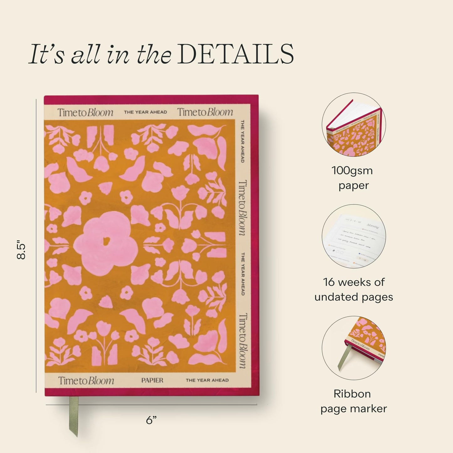 Papier Time to Bloom Daily Planner - Hardcover Vintage Design | Undated 16-Week Goal Planner | Track Habits, Thoughts, To-Dos & Priorities | Beautiful Motivational Gift