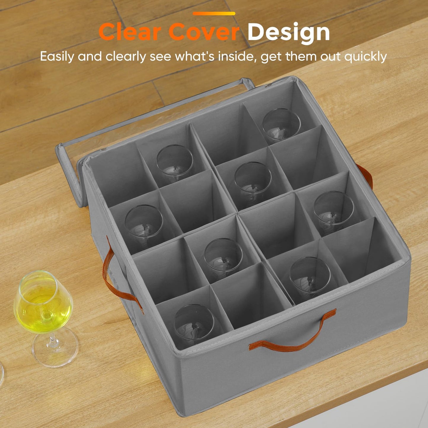 Foyego Wine Glass Storage Box with Dividers, 2 Pack Glassware Storage Containers, Stemware Storage Cases Holds 32 Wine Glasses, Stackable Crystal Storage Containers with Clear Cover for Moving, Gray