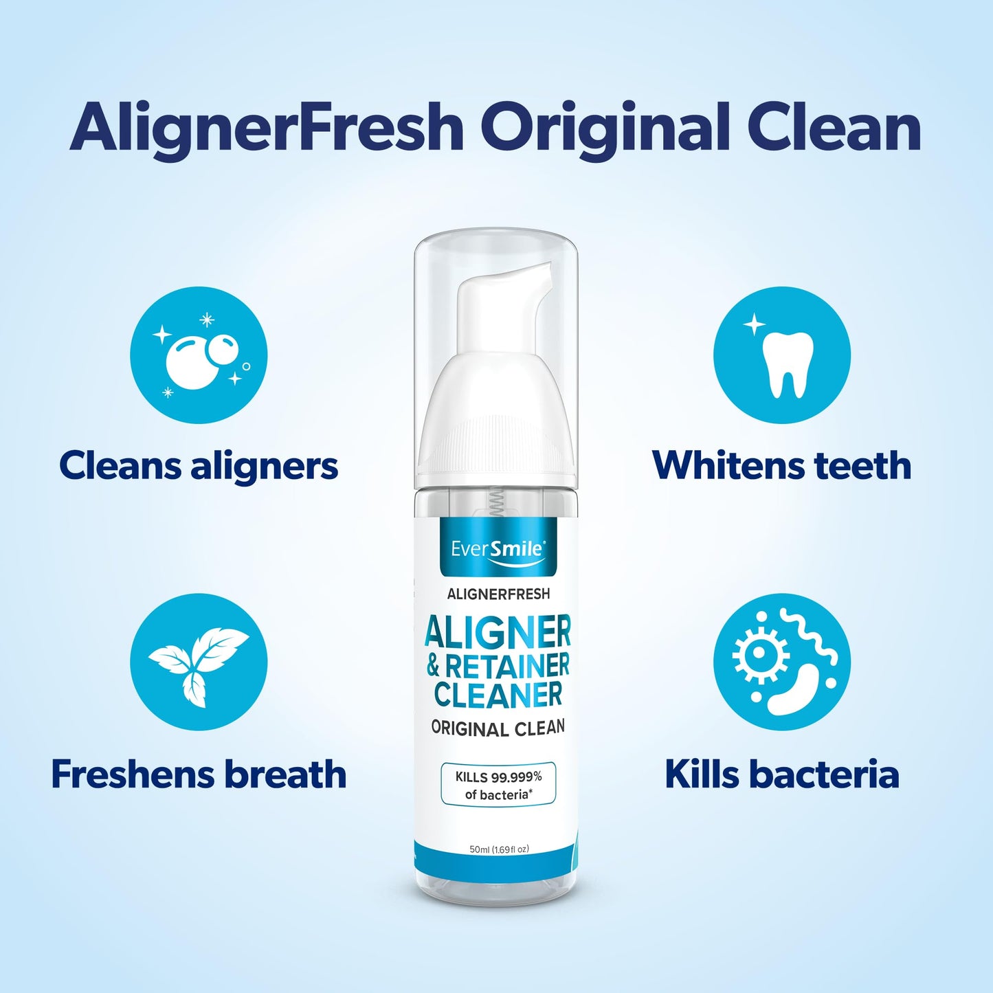 EverSmile AlignerFresh Original Clean Foam – Cleaner Compatible w/Invisalign and All Clear Aligners & Retainers – Eliminates Bacteria, Whitens Teeth, Fights Bad Breath – 50ml (2 Pack)