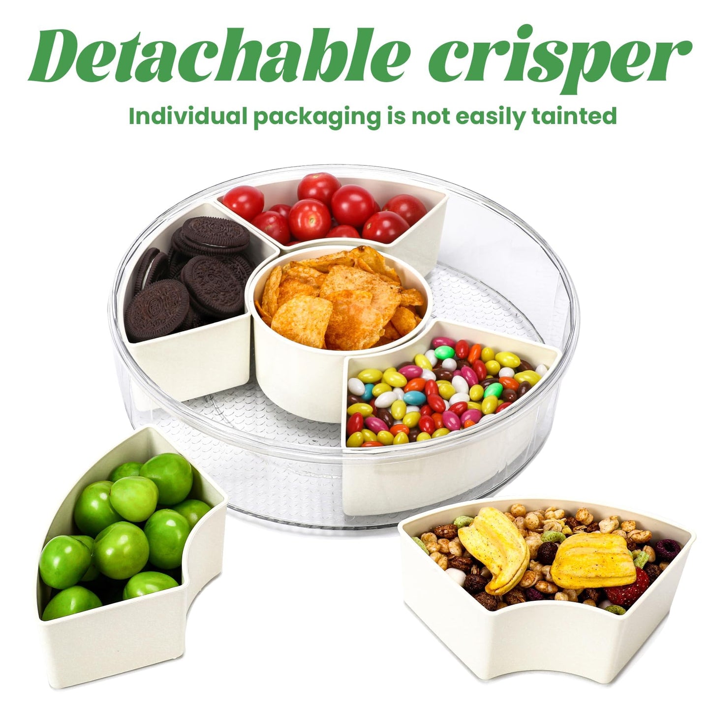 Snackle Box Container Divided Serving Tray with Lid, Handle, Spoon and Fork - Kitchen Portable Spinning Round Stackable Container with 6-Compartment for Veggies, Fruit, Candy, Party, Nuts, Essentials