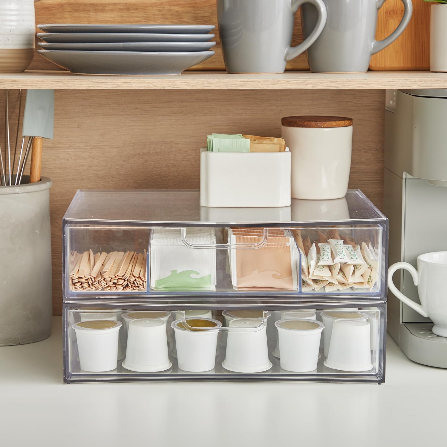 STORi Sofia 12.5” Wide Clear Stackable Open & Divided Storage Drawers, 2 Pack Plastic Organizer Bins for Makeup Palettes, Cosmetics, & Beauty Supplies, Vanity, Bathroom, Desk Organization, Made in USA