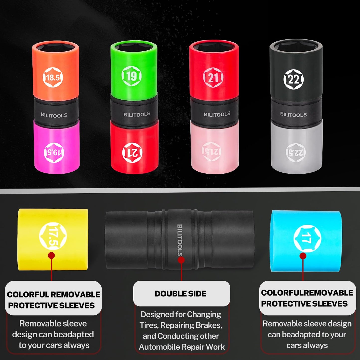BILITOOLS Half Sizes Lug Nut Socket Set, 1/2" Thin Wall Impact Flip Sockets for Wheel lug Nuts with Non-Marring Sleeves, 17/17.5, 18.5/19.5, 19/21, 21/21.5, 22/22.5mm, Knockout Bar & Extension