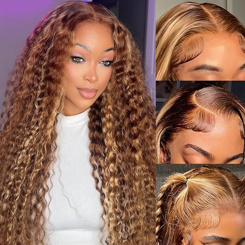 ZHUO JIA 13x4 Highlight Ombre Deep wave Lace Front Wigs Human Hair for Black Women P4/27 Colored HD Transparent Honey Blonde Curly Lace Frontal Wigs Pre Plucked 180 Density with Baby Hair 28inch