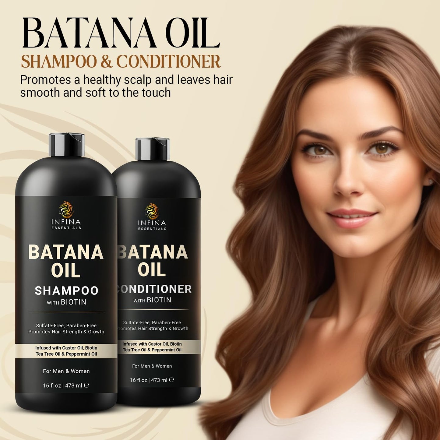 INFINA ESSENTIALS Batana Oil Shampoo and Conditioner Set - Biotin & Tea Tree Oil for Hair Growth & Thickness - Moisturizing & Nourishing Shampoo for Thinning Hair for Men & Women - 16 fl oz Each