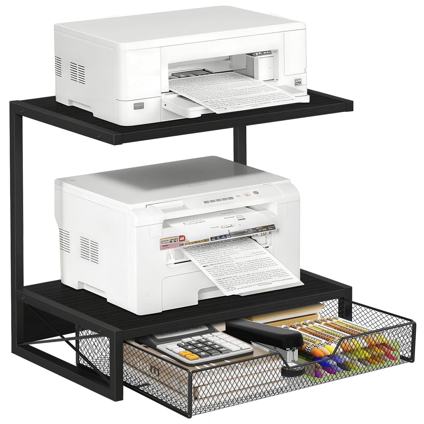 ELITEROO 2-Tier Printer Shelf with Drawers, Wooden Desk Organizer Shelf for Small Printers and Office Supplies, Desktop Storage Rack for Books, Folders, Scanner, Fax Machine, 3D Printer, Black