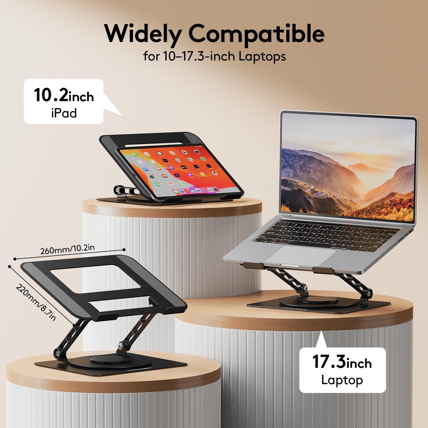 TECKNET Laptop Stand for Desk - 360° Rotating Base, Ergonomic Foldable Computer Stand for Laptop Riser, Height Adjustable, Compatible with MacBook Pro, Dell XPS, HP, and All Laptops 10-17" (Black)
