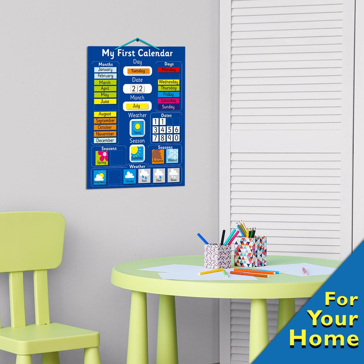 Fridge Magic Interactive Children's Magnetic Learning Calendar - Blue- Fun Educational Tool for Time, Seasons, and Weather Awareness - 40x32 cm with Easy Hang Loop