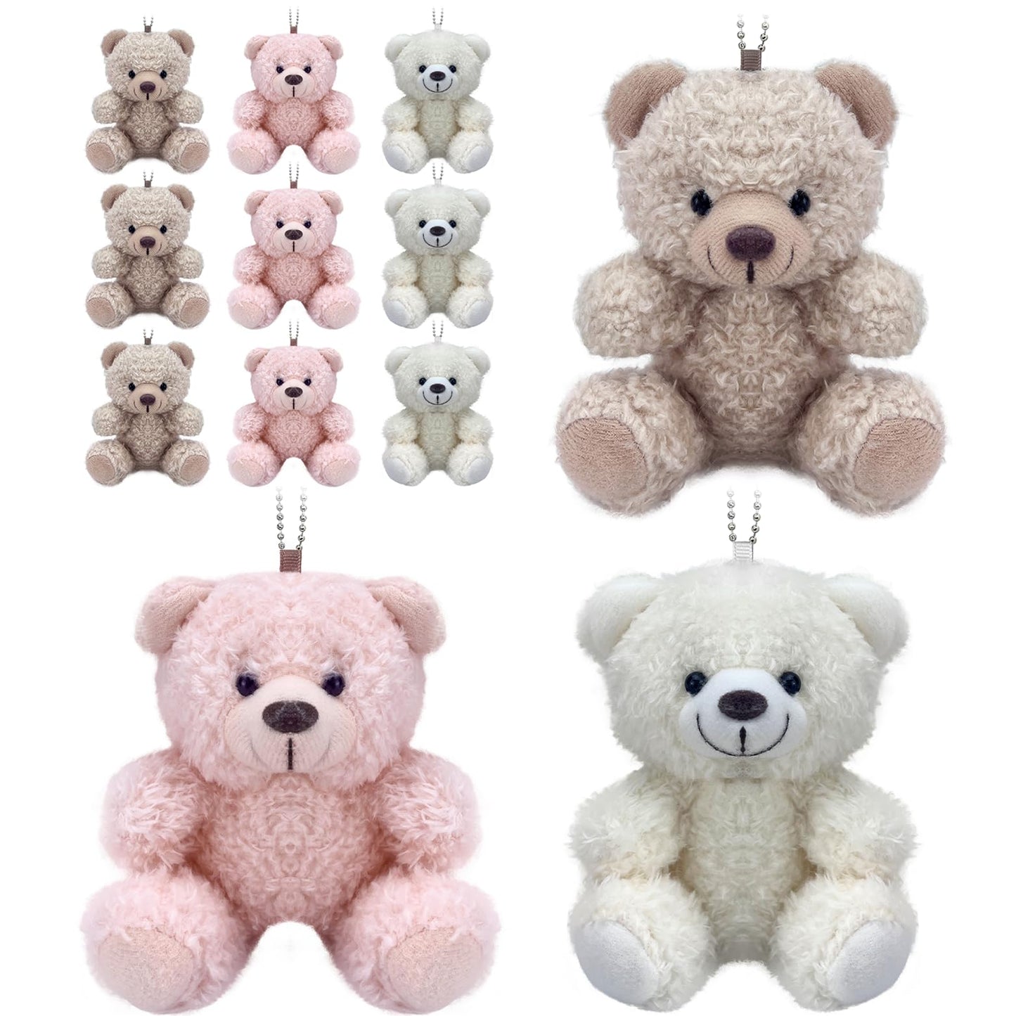 YJUBAOA 12 Pieces Mini Teddy Bear Bulk,4 inch Small Stuffed Animal Toy, Soft Plush Mini Teddy Bears for DIY Keychain Baby Shower Party Favors Graduation Keychain Bag Charm Supplies (Pink+Brown+White)