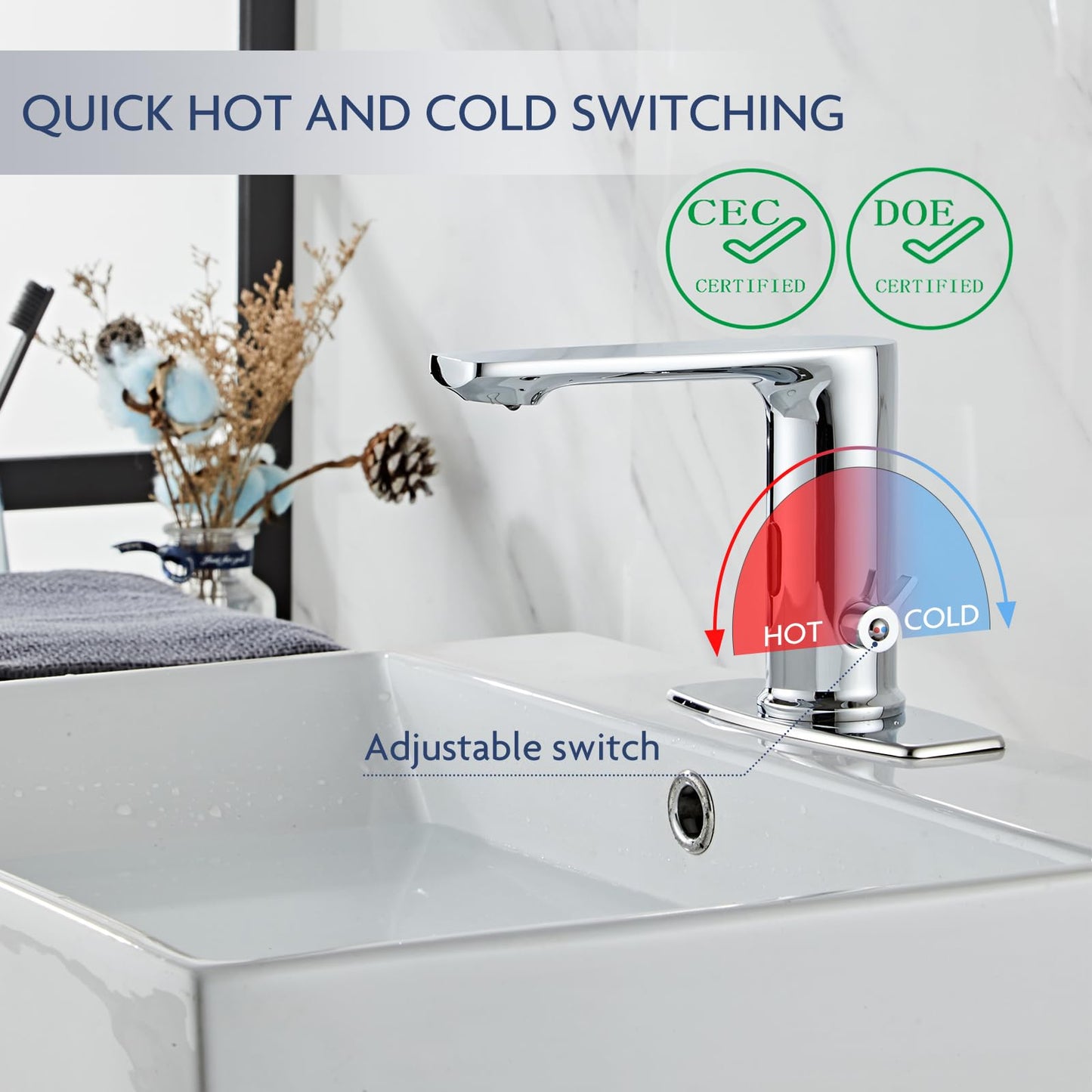 Halo Sanitary Touchless Bathroom Faucet Automatic Motion Sensor GrifoCEC Watersense DOE with Hole Cover Deck Plate Hand Free Robinet Polish
