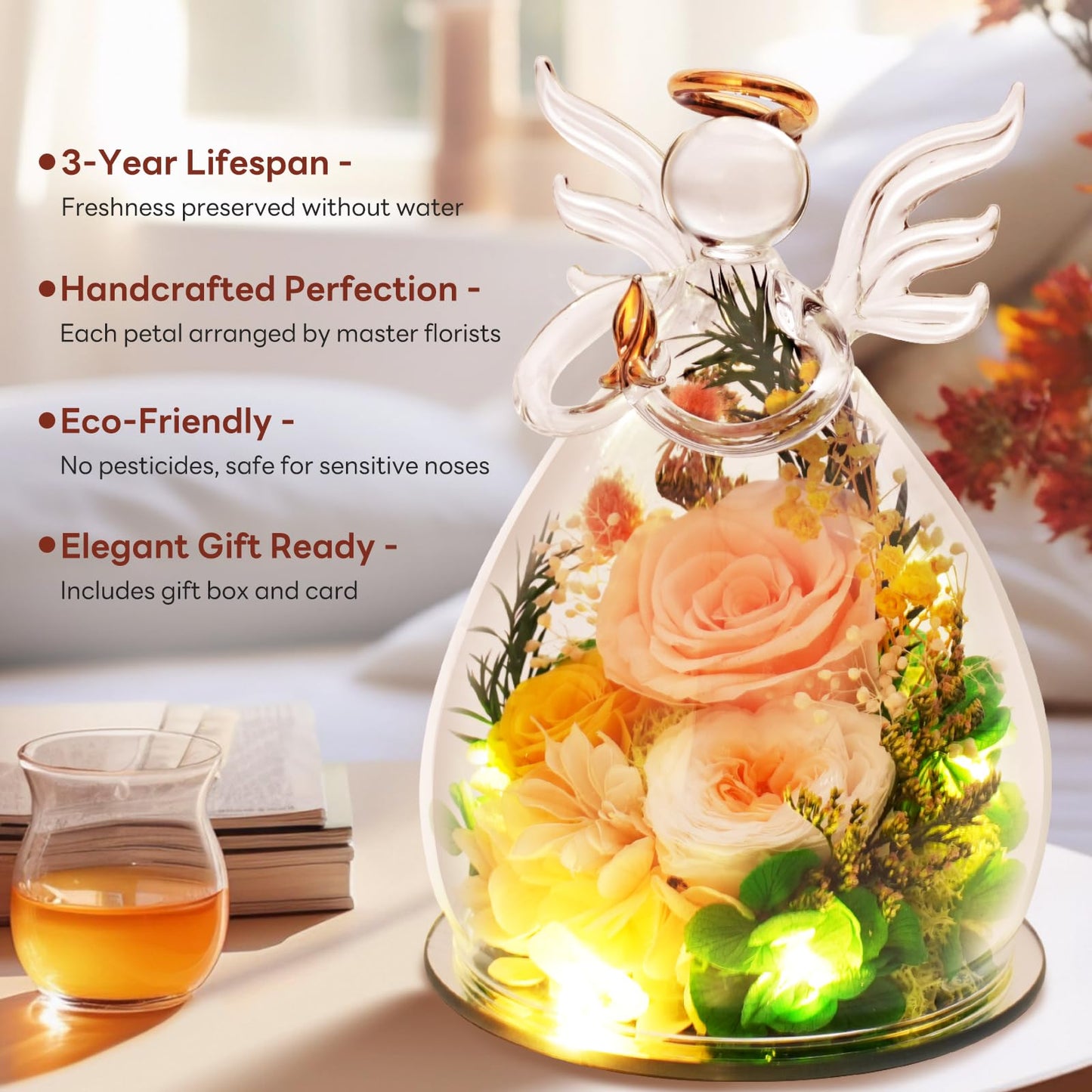 Kemiputi Gifts for Mom Birthday Gifts for Women, Preserved Rose in Glass Angel Figurines, Forever Flowers for Delivery, Anniversary Real Rose Gift for Grandma Wife Her from Daughter