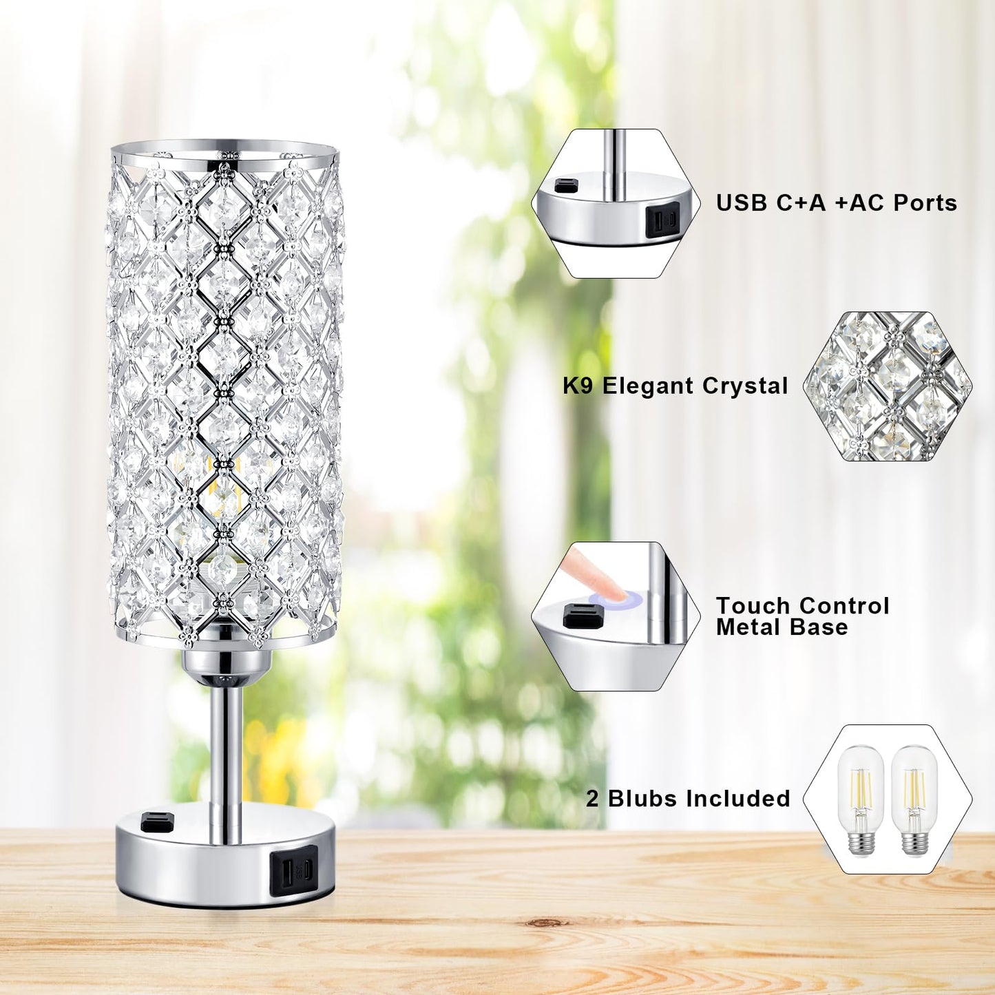 Crystal Lamp Touch Control Set of 2, Sliver Crystal Table Lamps with USB C+A Ports & AC Outlet, 3-Way Dimmable Nightstand Touch Lamp, Modern Bedside Table Lamp for Bedroom(Bulbs Included)
