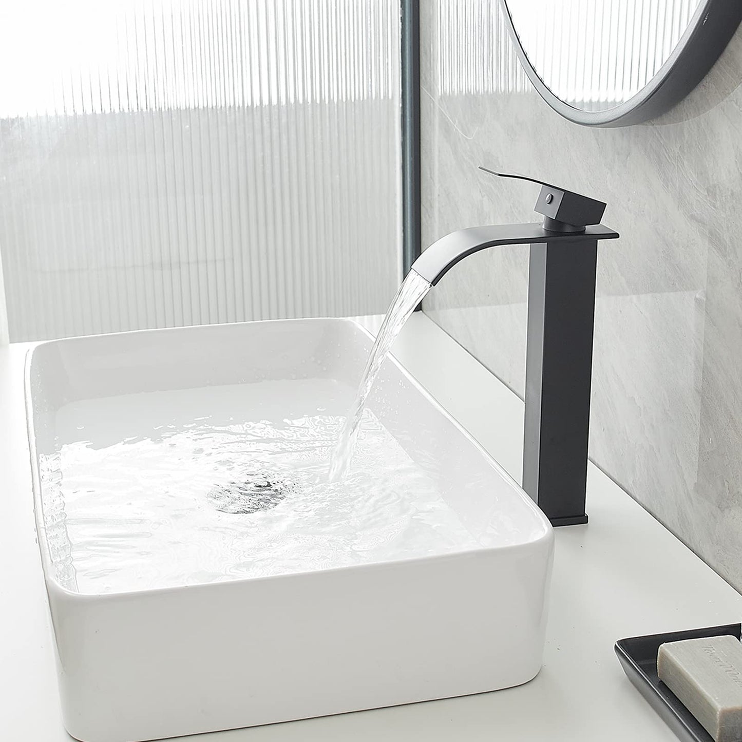 Bathfinesse Vessel Sink Faucet Waterfall Bathroom Faucet Matte Black Stainless Steel Tall Single Handle One Hole Deck Mount Bowl Vanity Sink Faucet with Pop-up Drain Stopper