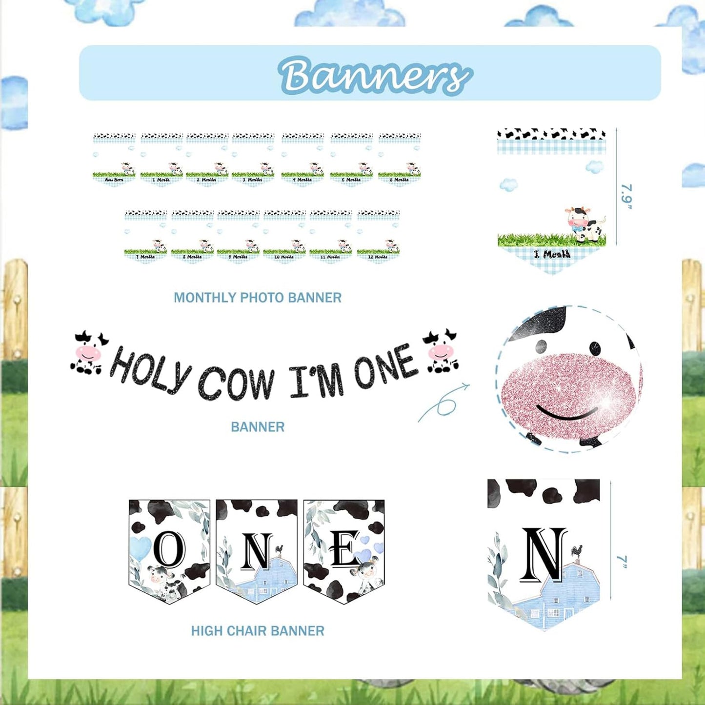 118 PCs Holy Cow Im One Birthday Decorations Boy, Hombae Cow First Party Decorations Backdrop Balloon Garland Monthly Photo High Chair Banner Cake Cupcake Topper Crown Box Poster White Black Blue
