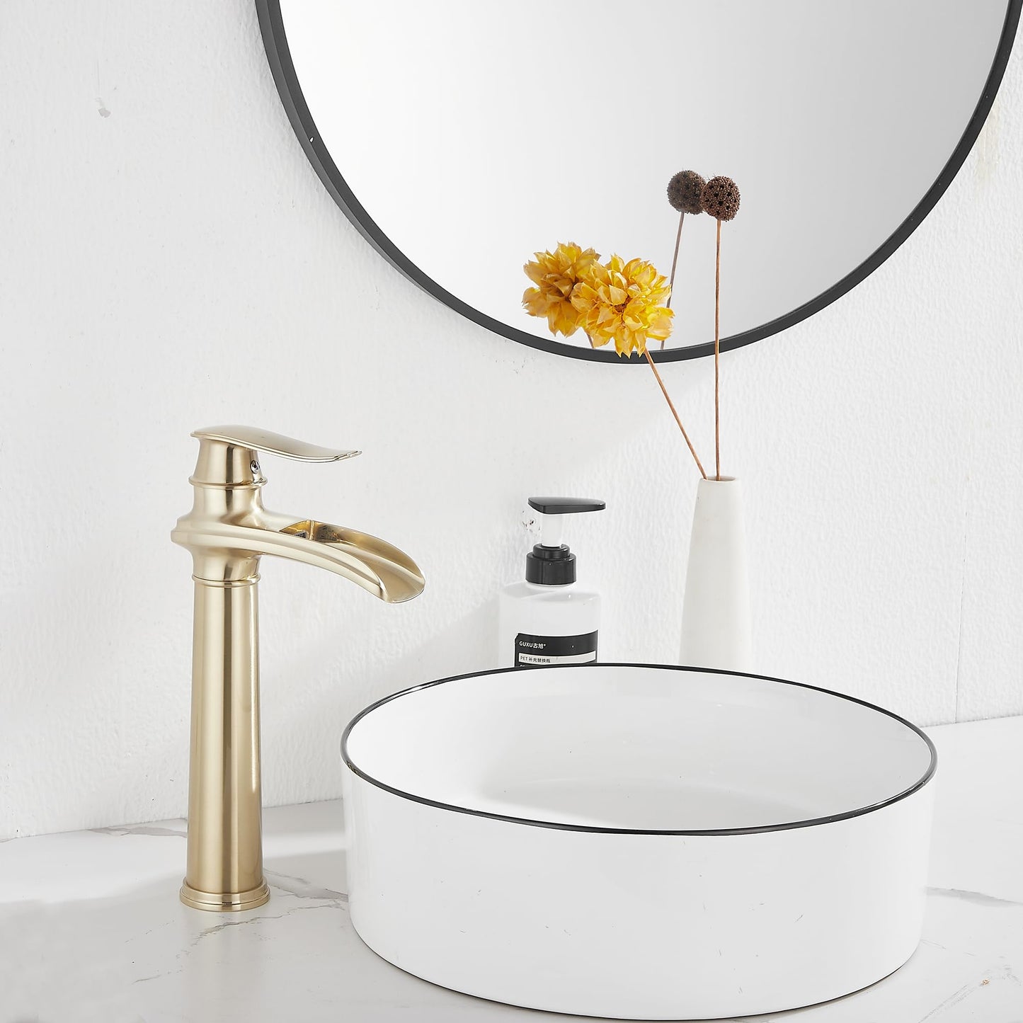 Brushed Gold Bathroom Faucet GGStudy Single Handle 1 Hole Farmhouse Waterfall Bathroom Vessel Sink Faucet Matching with Pop Up Drain
