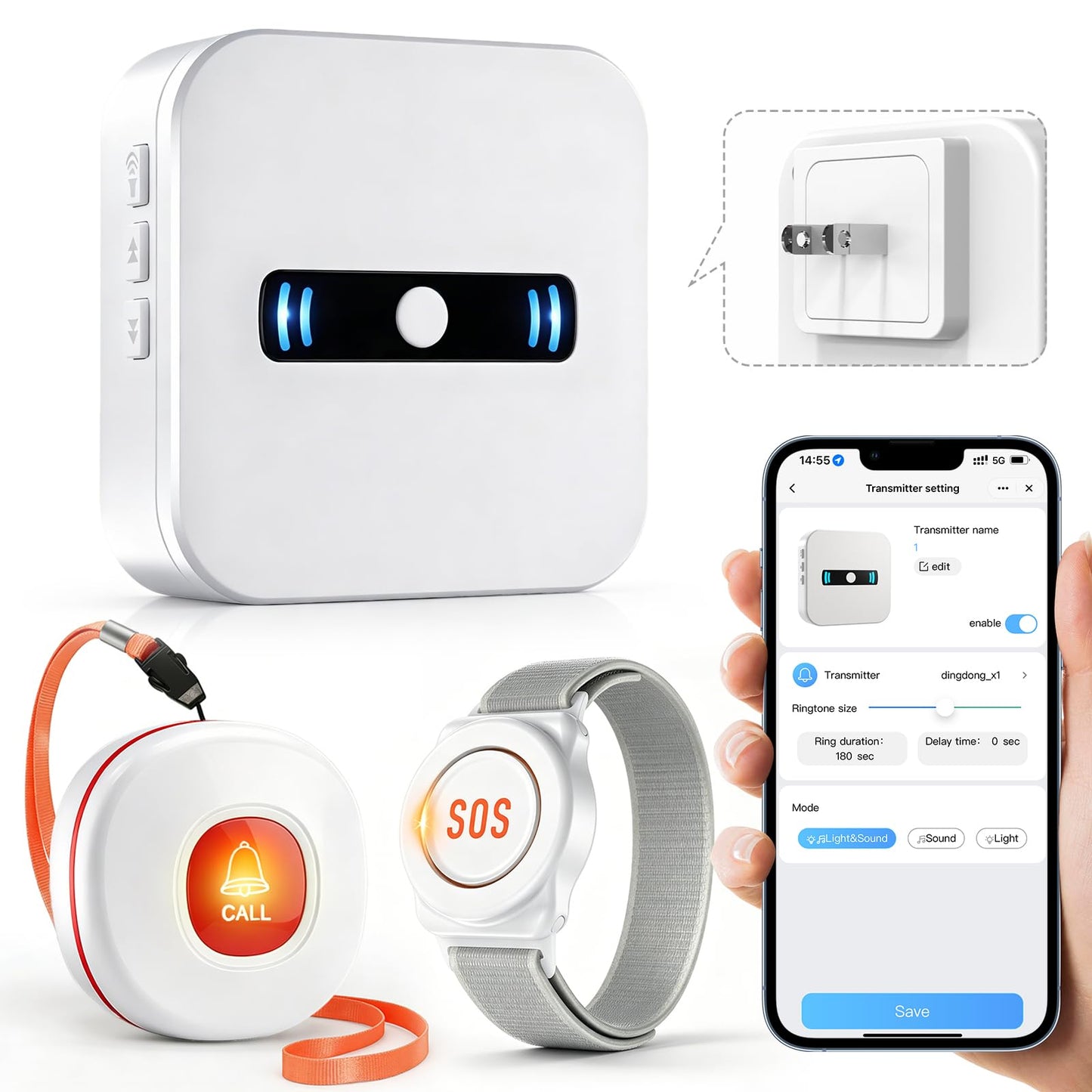Daytech Wi-Fi Wireless Caregiver Call Button for Elderly/Patient, App Alert Systems for Seniors 、Patients and People with Disabilities （ 1 SOS Alert Watch + 1 Wireless Call Buttons + 1 Receiver）