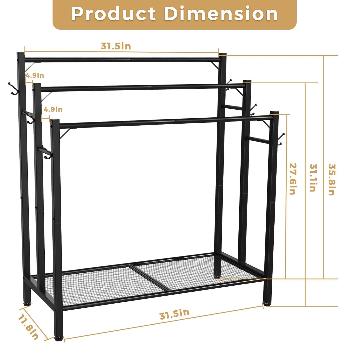 HavenlyYouth 3 Tier Towel Rack with Large Storage & 6 Hooks, Blanket Rack for Oversized Bath Towels, Free Standing Pool Towel Rack Stand for Bathroom Pool Indoor/Outdoor, 35.8" H x 31.5" L x 11.8" W