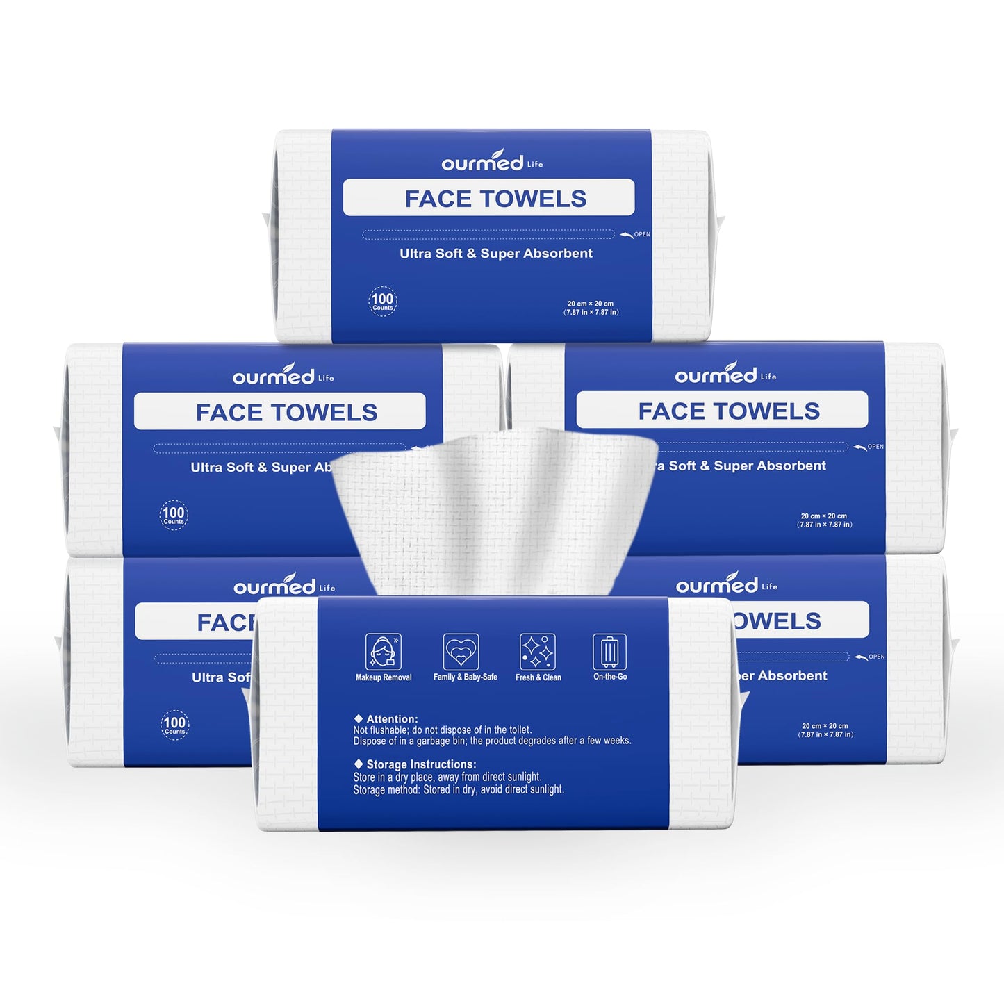 Ourmed Life Face Towels, Disposable Biodegradable Clean Facial Wash Cloth for Sensitive Skin, Lint- free Facial Towels for Cleansing, Skincare and Makeup Remover, Dry Wipes,600 Count，EF texture