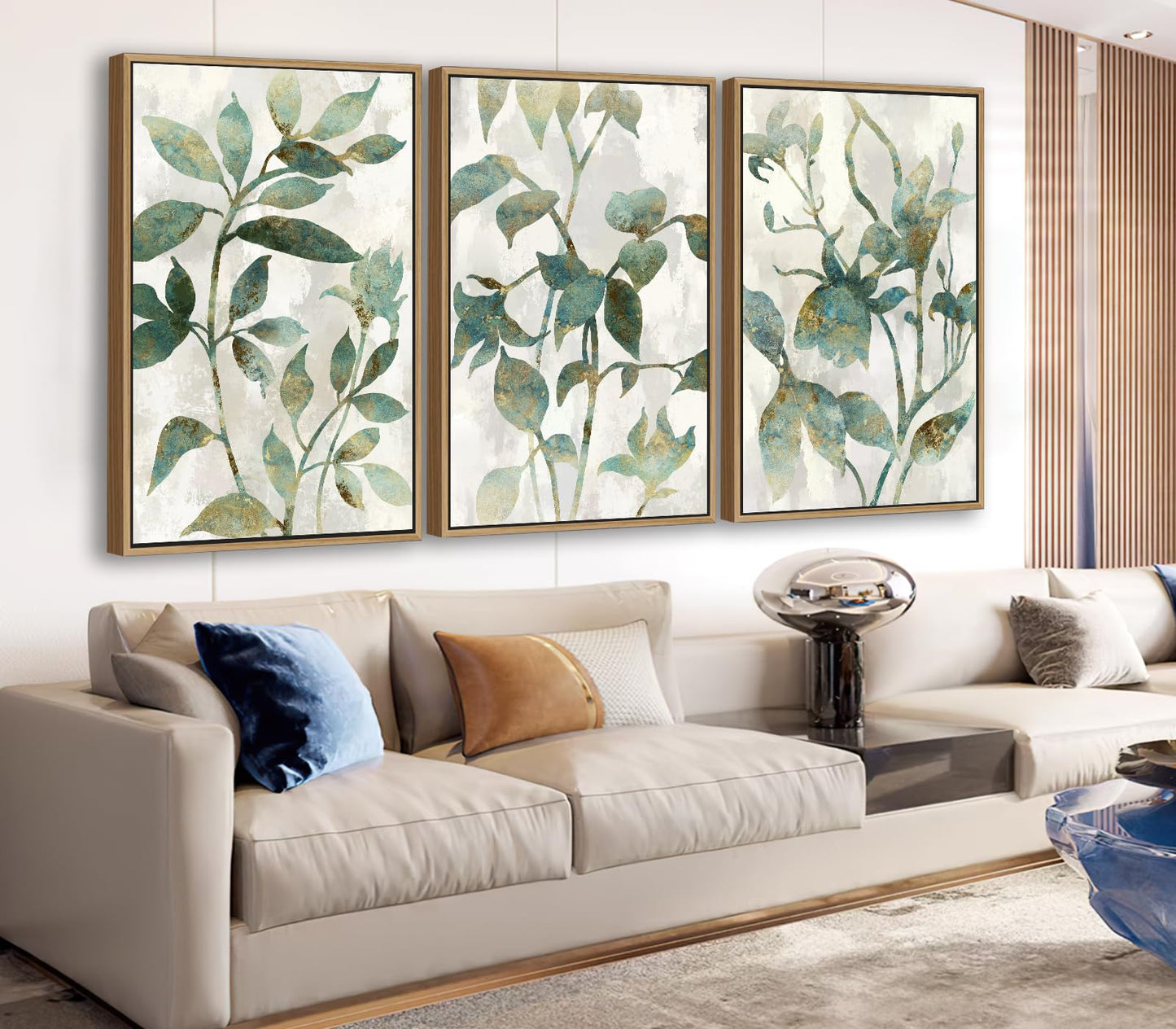 Large Framed Canvas Wall Art - Natural Float Framed Rustic Green Flowers Leaves Pictures Paintings White Grey Artwork Decor for Bedroom Living Room Kitchen Home Office Decoration 48" X 24" Set of 3