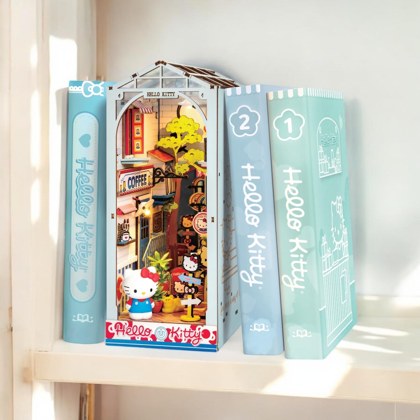 Hands Craft DIY Miniature Kit Book Nook - Hello Kitty Town Square | Whimsical Miniature Scene | Intricate Design, Adorable Charm | LED Lights | Bookshelf Decor | Gift for Hello Kitty Fans