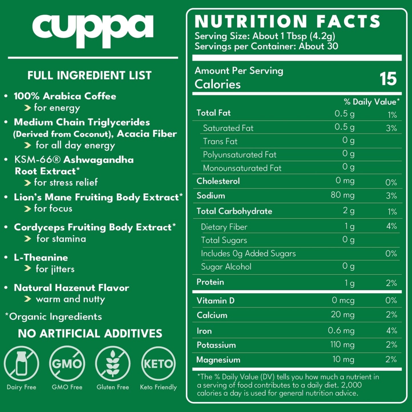 Cuppa Hazelnut Mushroom Coffee with Adaptogens & Superfoods - Lion’s Mane, Ashwagandha & Cordyceps. Adaptogens + MCT to support natural energy, mental focus & gut health (30 Servings)
