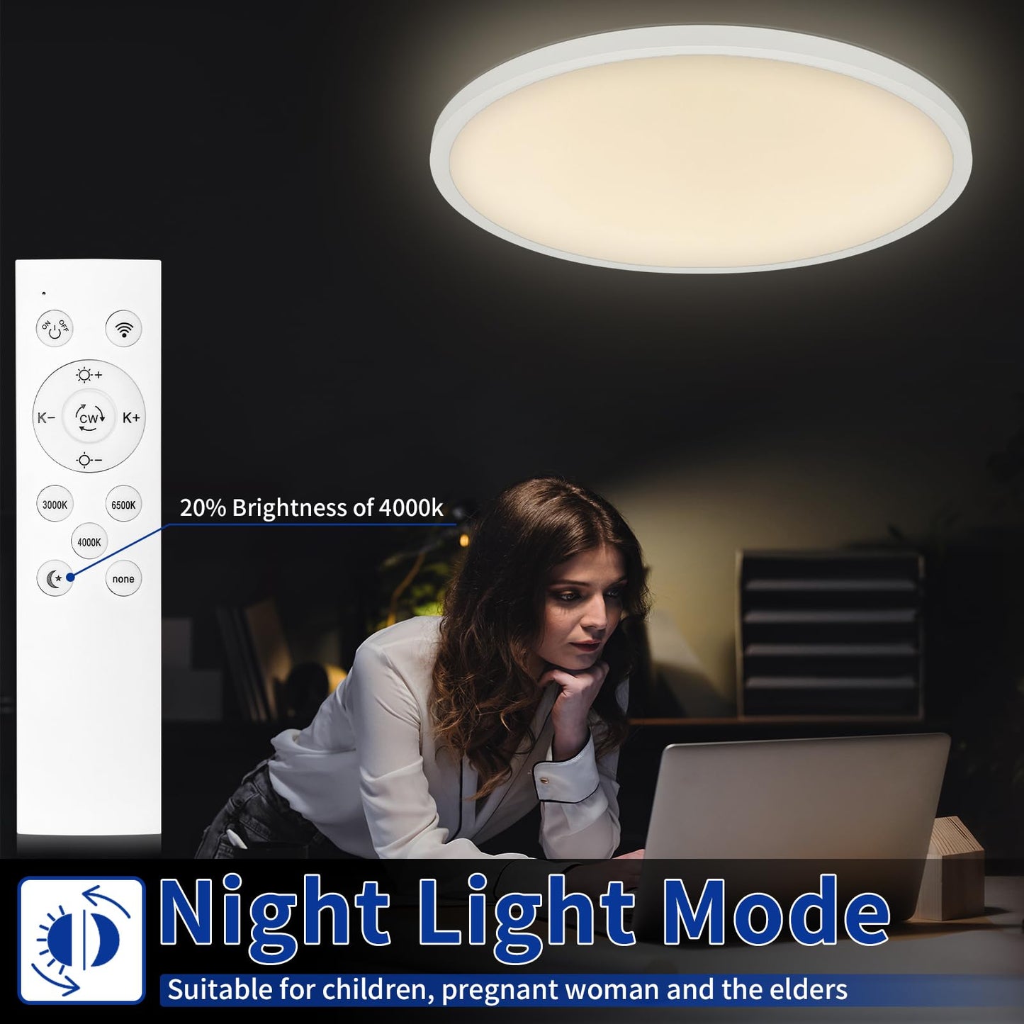 Glowall Modern 20'' Led Ceiling Light Fixture, Ultra Thin Flush Mount, Dimmable with Remote Control, 48W 4800Lumen, White, for Bedroom, Living Room, Kitchen, Dining Room, Home Office