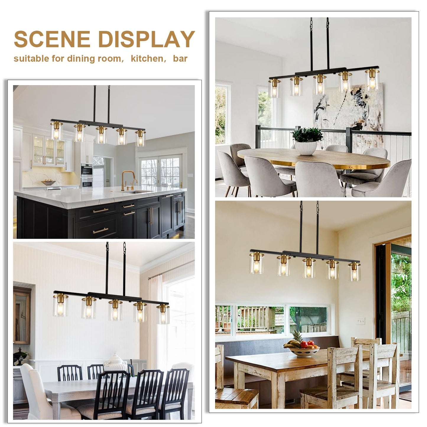 XvmBvm 36.2inch 5-Light Kitchen Island Lighting,Dining Room Lights Modern Farmhouse Chandelier with Clear Glass Shade,Modern Rustic Black and Gold Metal Chandelier, Kitchen Pendant Light Fixtures
