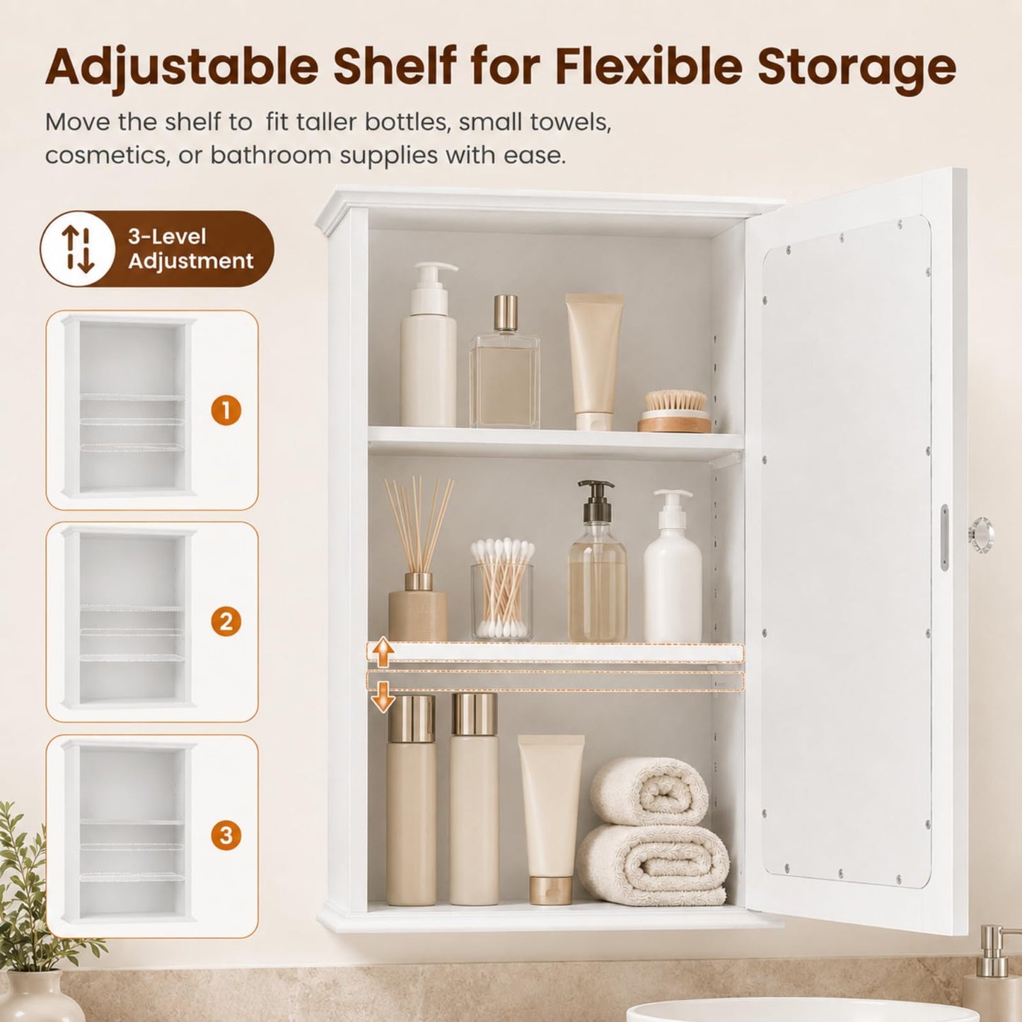VINGLI Bathroom Wall Cabinet Wall Mount Mirrored Medicine Cabinet with Mirror Storage Organizer with Single Mirror Door and 2 Adjustable Shelves White