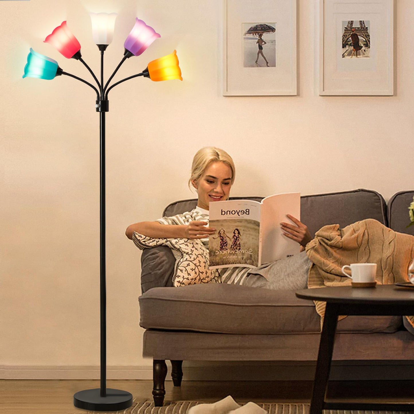 GyroVu Medusa LED Floor Lamp, Multi Head Modern Tall Lamp with Adjustable Gooseneck Standing Lamps Led Tall Lamp for Living Room Bedroom Kids Room Office 6 Color Lampshades Bulb Not Included Black