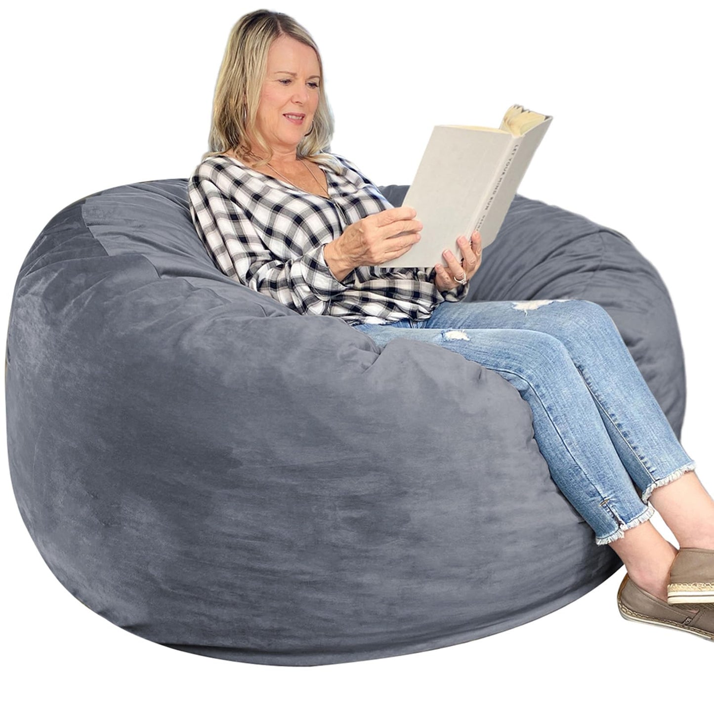 WhatsBedding 3 ft Bean Bag Chair,Large Bean Bag Chairs for Adults with Memory Foam Filling,Lazy Bean Bag Sofa for Living Room,Ultra Soft Velvet Fabric,Pull-Handle,Side-Pocket - 3 Foot,Dark Grey