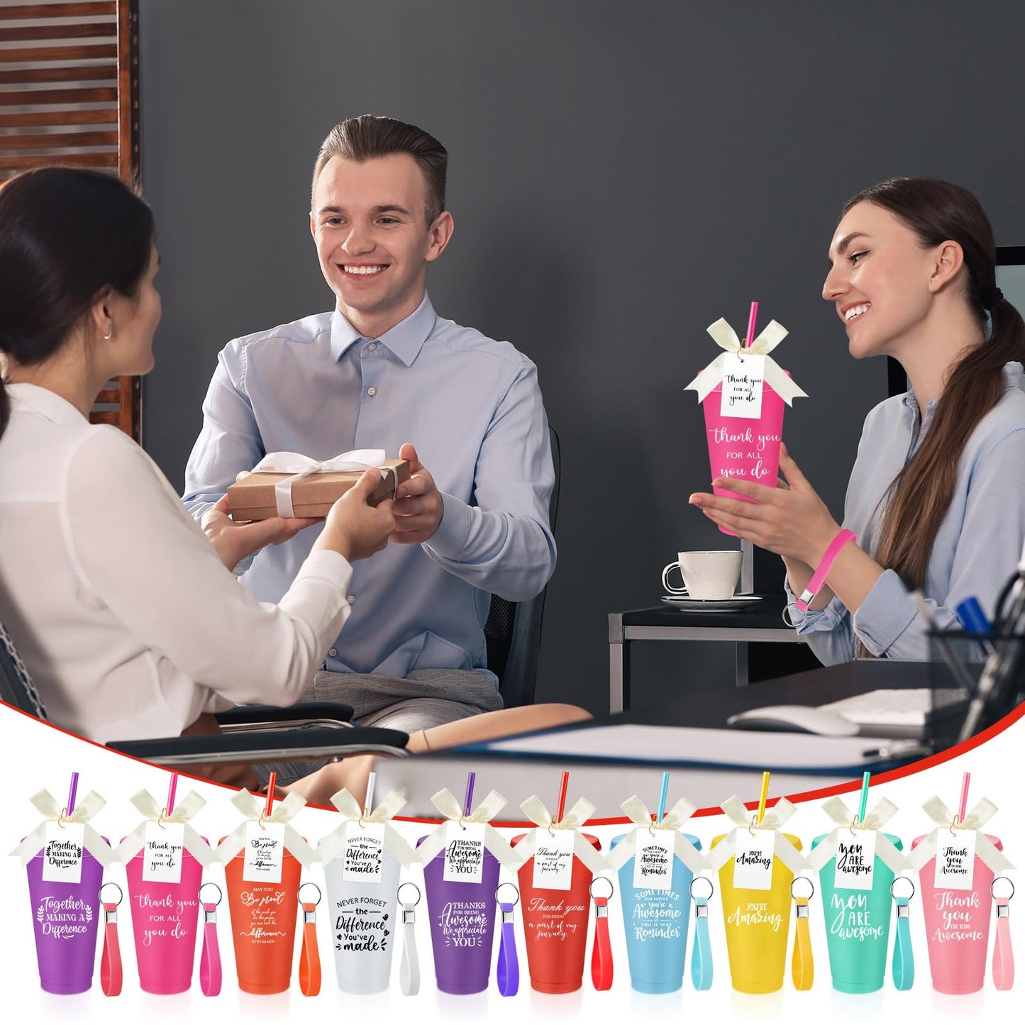 Tioncy 30 Sets Employee Appreciation Gifts Bulk 24 oz Plastic Tumbler with Lid and Straw Reusable Coffee Cups with Keychain Bowknot Card for Coworker Staff Nurses Social Worker Favors(Inspirational)