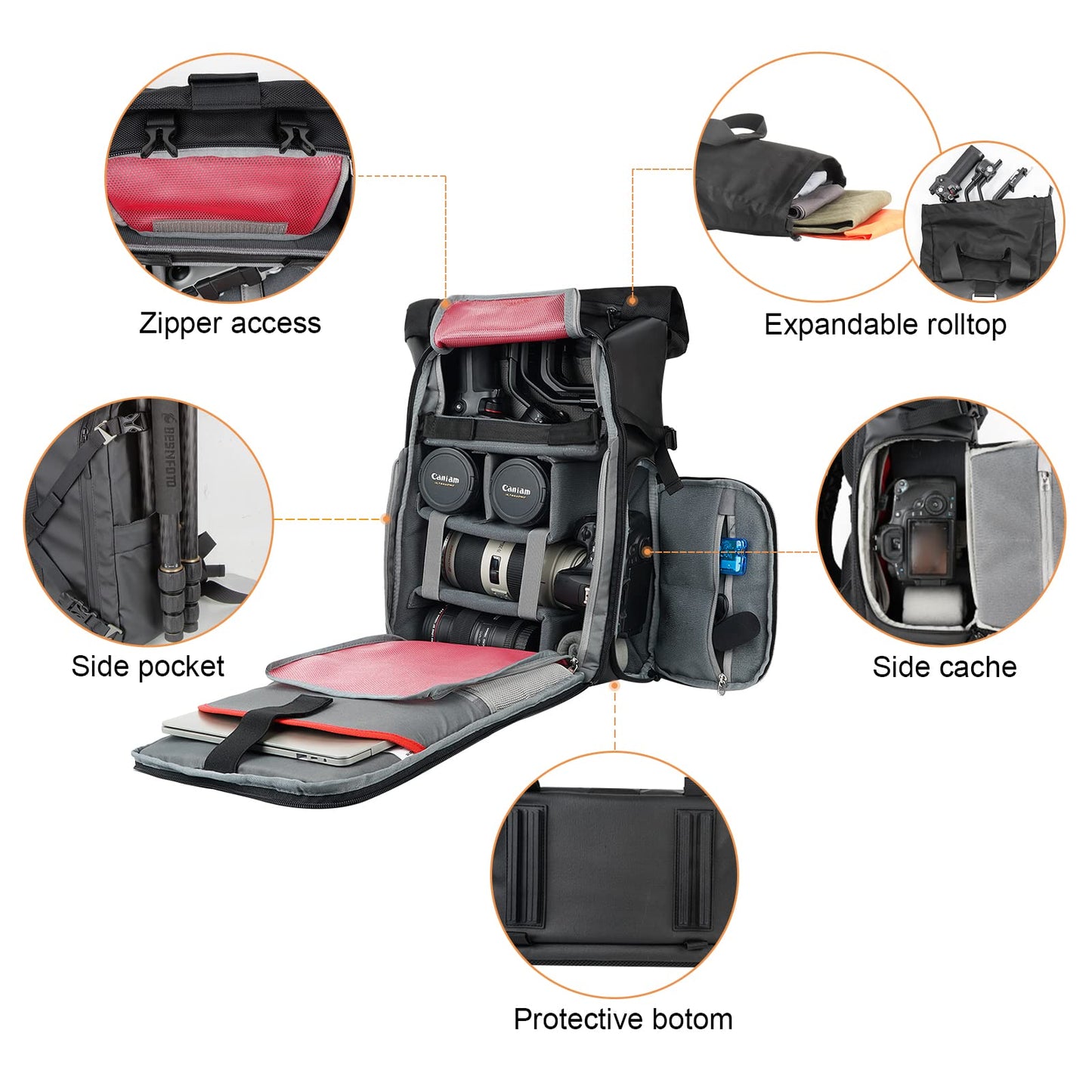 Besnfoto Camera Backpack Waterproof Camera Bag for Photographer DSLR SLR Mirrorless with Laptop Compartment and Rain Cover