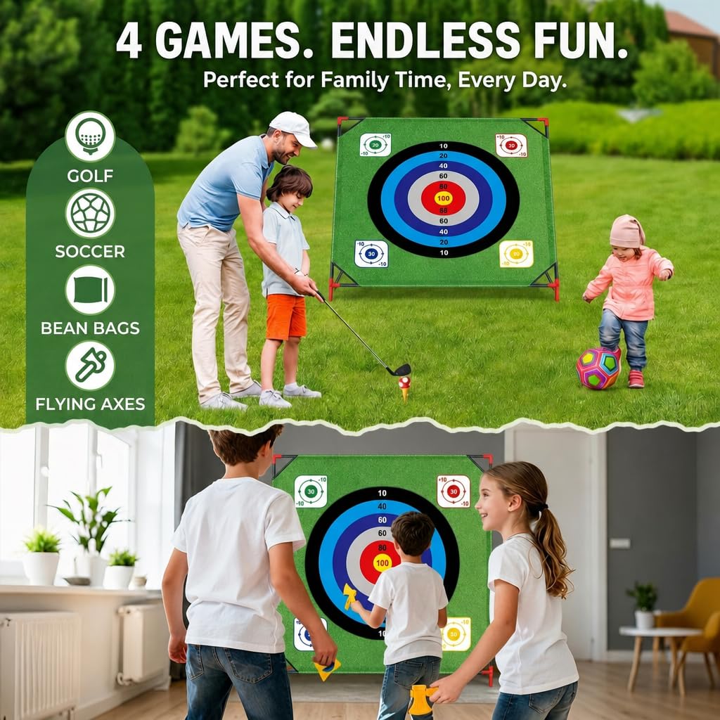 Yoyoom Golf Chipping Game with Stand, 4 in 1 Battle Golf Game with Putting Mat, 16 Sticky Balls, 8 Bean Bags, 6 Axes, 2 Soccer Balls, Indoor Outdoor Chip Sticky Practice Set for Teen & Adult