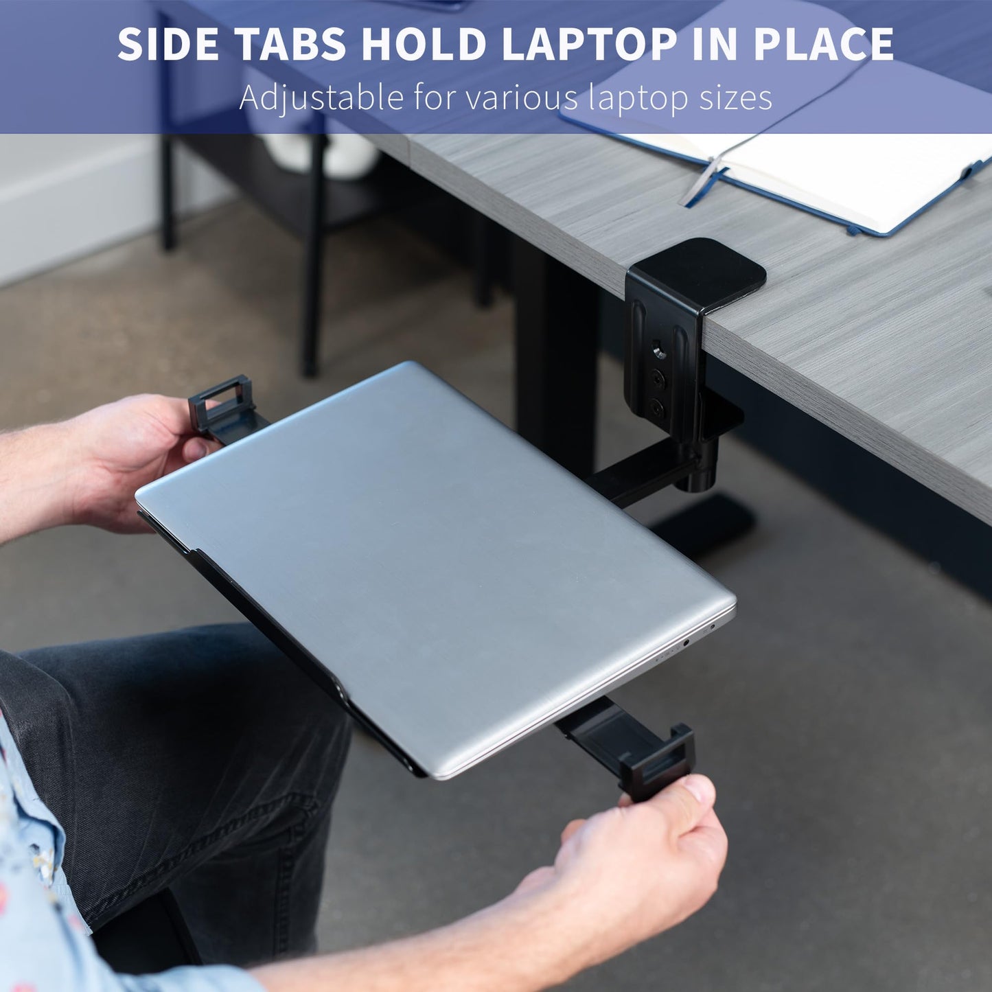VIVO Clamp-on 12 x 9 inch Rotating Laptop Tray, Extra Sturdy Single Desk Swivel Clamp, Ergonomic Typing, Black, MOUNT-LAP1CB