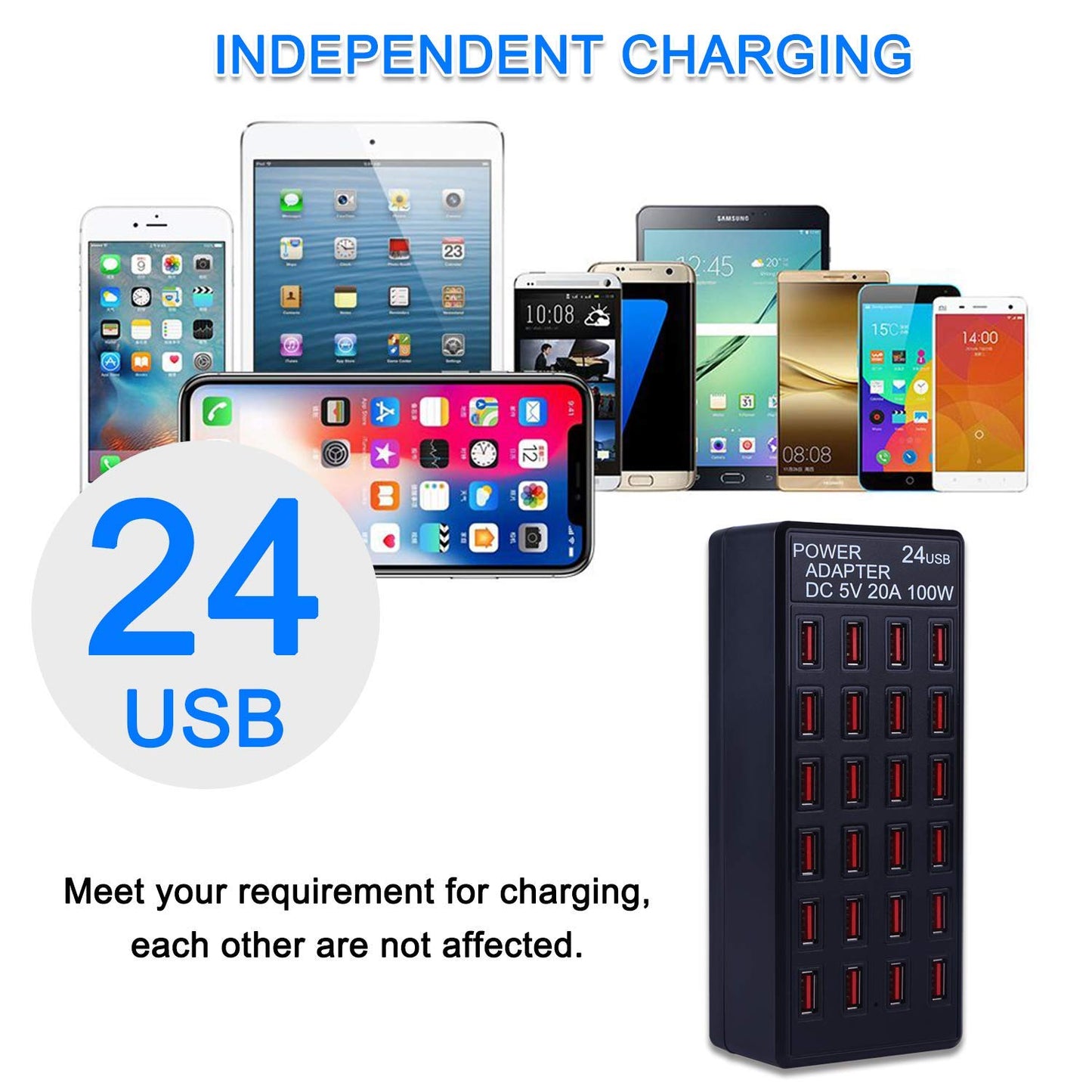 24-Port 100 watt (20 A) USB Charging Station, Home Desktop Fast Charger, Multiple Chargers, Suitable for Hotels, Shops, Schools, Shopping malls and Travel
