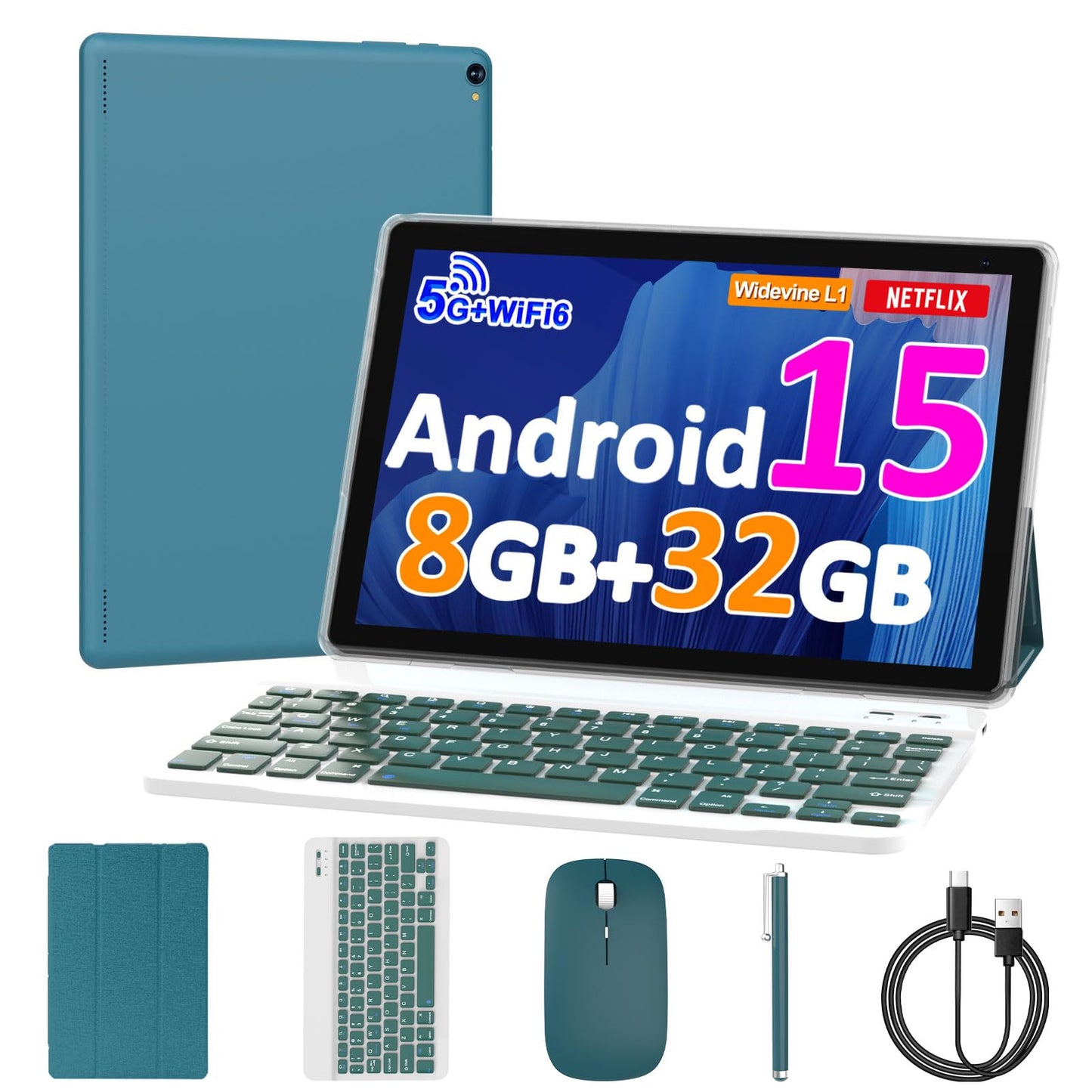 10 inch Android 15 Tablet, 8GB RAM 32GB ROM Powerful Quad-core CPU, 1280*800 Resolution Screen Tablet PC, 8MP Camera, 6000mAh Battery Computer, 2 in 1 Tablets with Keyboard, Case, Mouse, Stylus Laptop