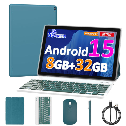 10 inch Android 15 Tablet, 8GB RAM 32GB ROM Powerful Quad-core CPU, 1280*800 Resolution Screen Tablet PC, 8MP Camera, 6000mAh Battery Computer, 2 in 1 Tablets with Keyboard, Case, Mouse, Stylus Laptop