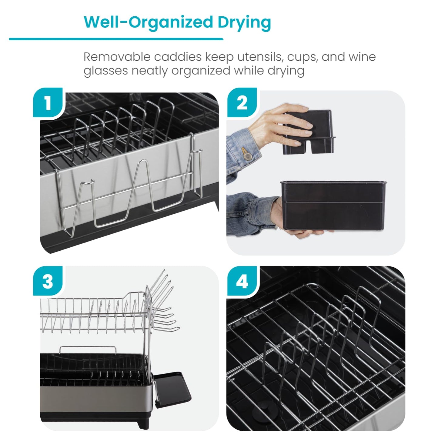 Home Zone Living Large 2-Tier Stainless Steel Dish Drying Rack with Drain Pipe and Utensil Holders
