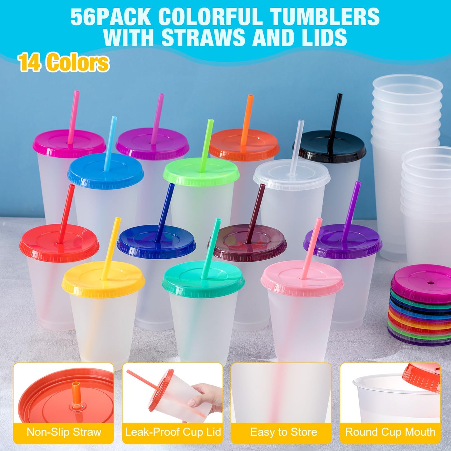 Hsei Clear Plastic Tumbler with Straw and Lid Bulk Water Bottle Iced Coffee Travel Mug Cup with Lid and Straw Reusable Plastic Cups for Christmas Water Smoothie Party Birthday(56 Pack,24 oz, 16 oz)