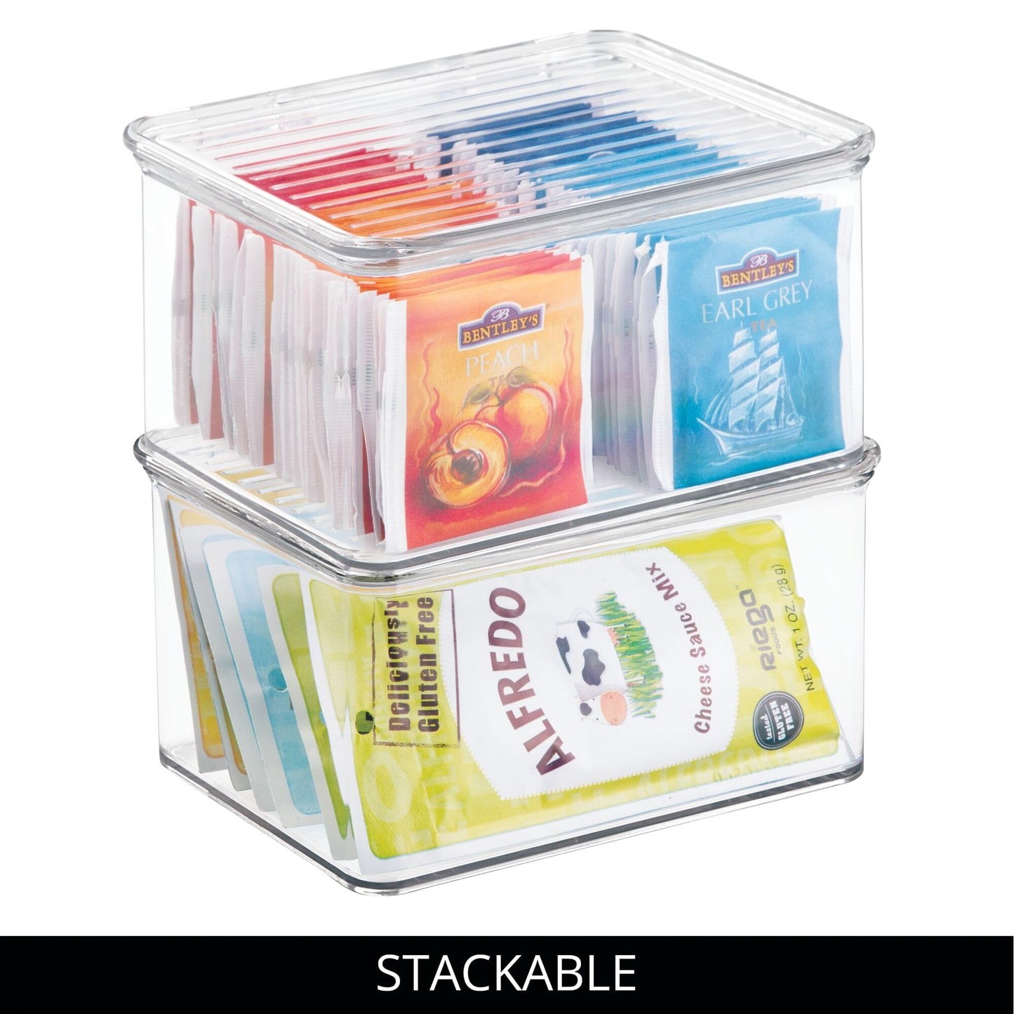 iDesign Plastic Stackable Hinged-Lid Pantry or Kitchen Storage Box - Set of 6 - Clear