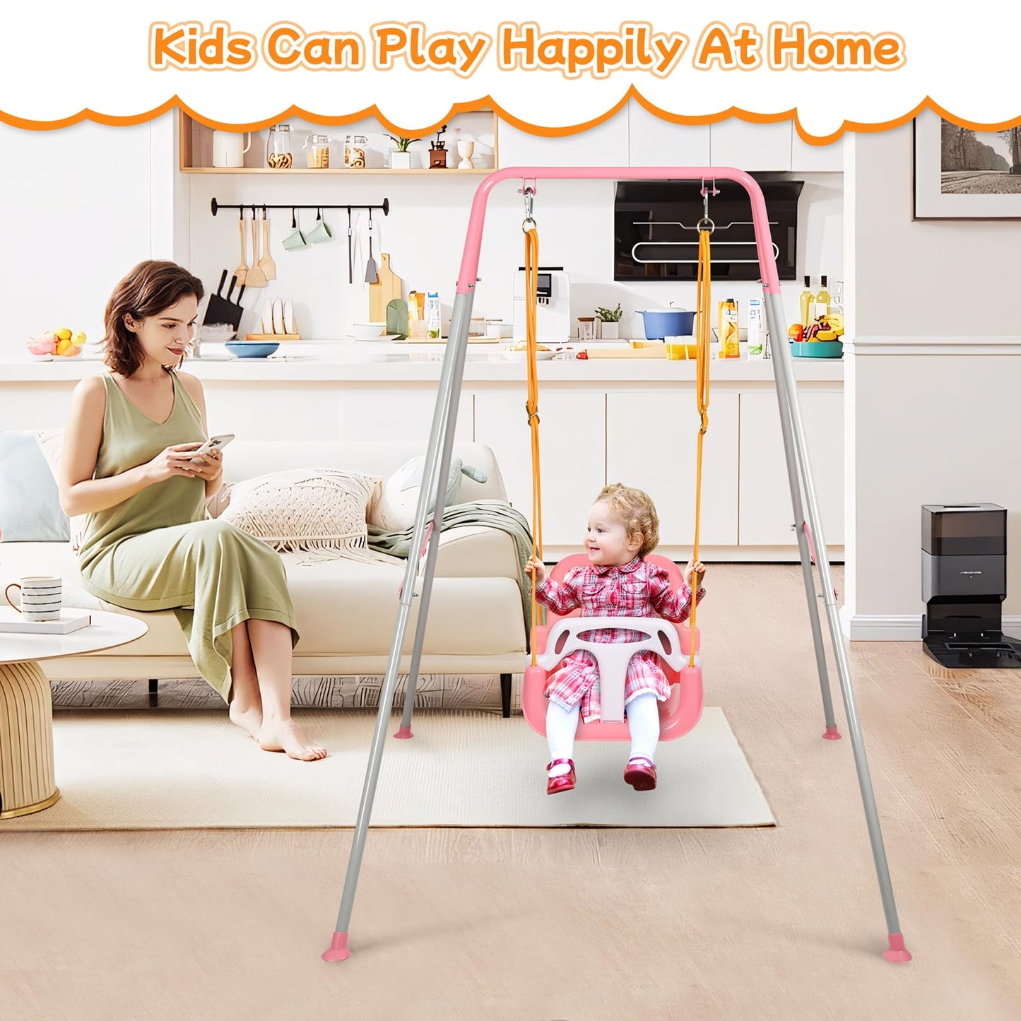 3-in-1 Toddler Swing, Foldable Indoor & Outdoor Baby Swing, Multifunctional Swings for Children 6 Months and Older, Easy to Assemble and Store for Backyard Play