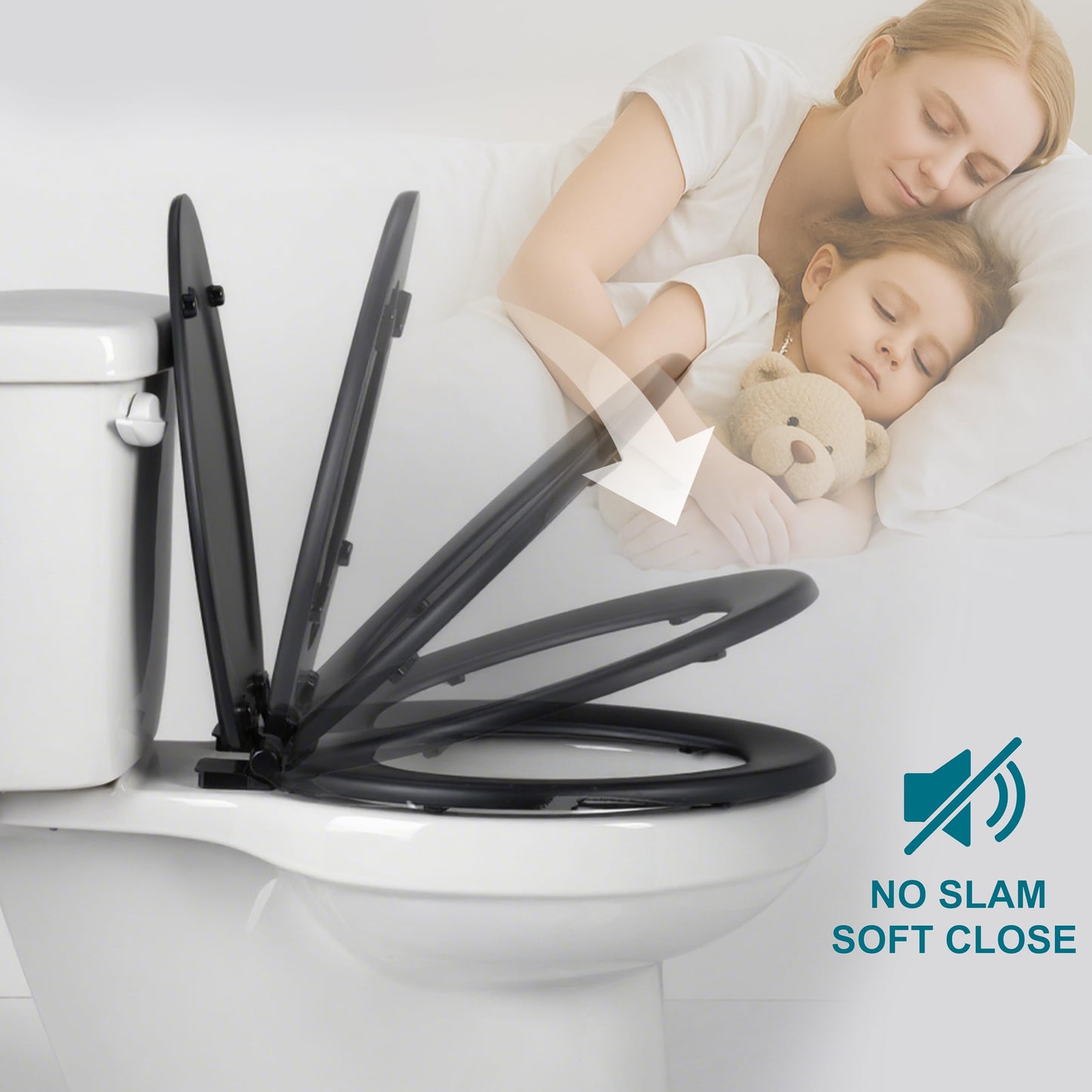 Toilet Seat, Slow Close, Soft Touch, Ultra-Smooth Matte Finish (No Orange-Peel Texture), Premium Moulded Wood, Quick Release, PIKLiDS (Black, Elongated)
