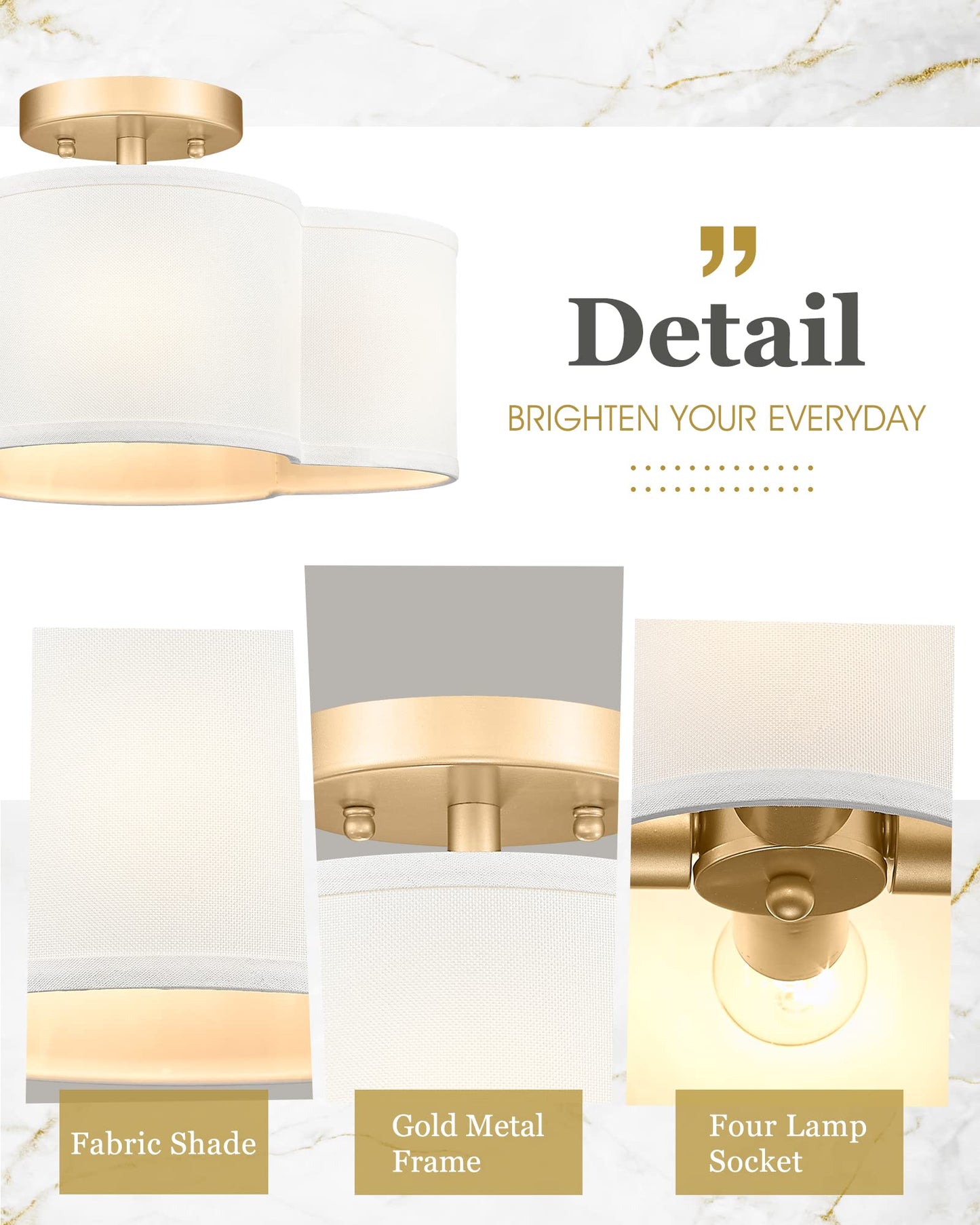 Audickic Gold Semi Flush Mount Ceiling Lights, 14" 4-Light Ceiling Light Fixtures with Fabric Shade in Quatrefoil Shape, Farmhouse Brass Drum Lighting for Kitchen Hallway Bedroom, AD-22007-4SF-GD