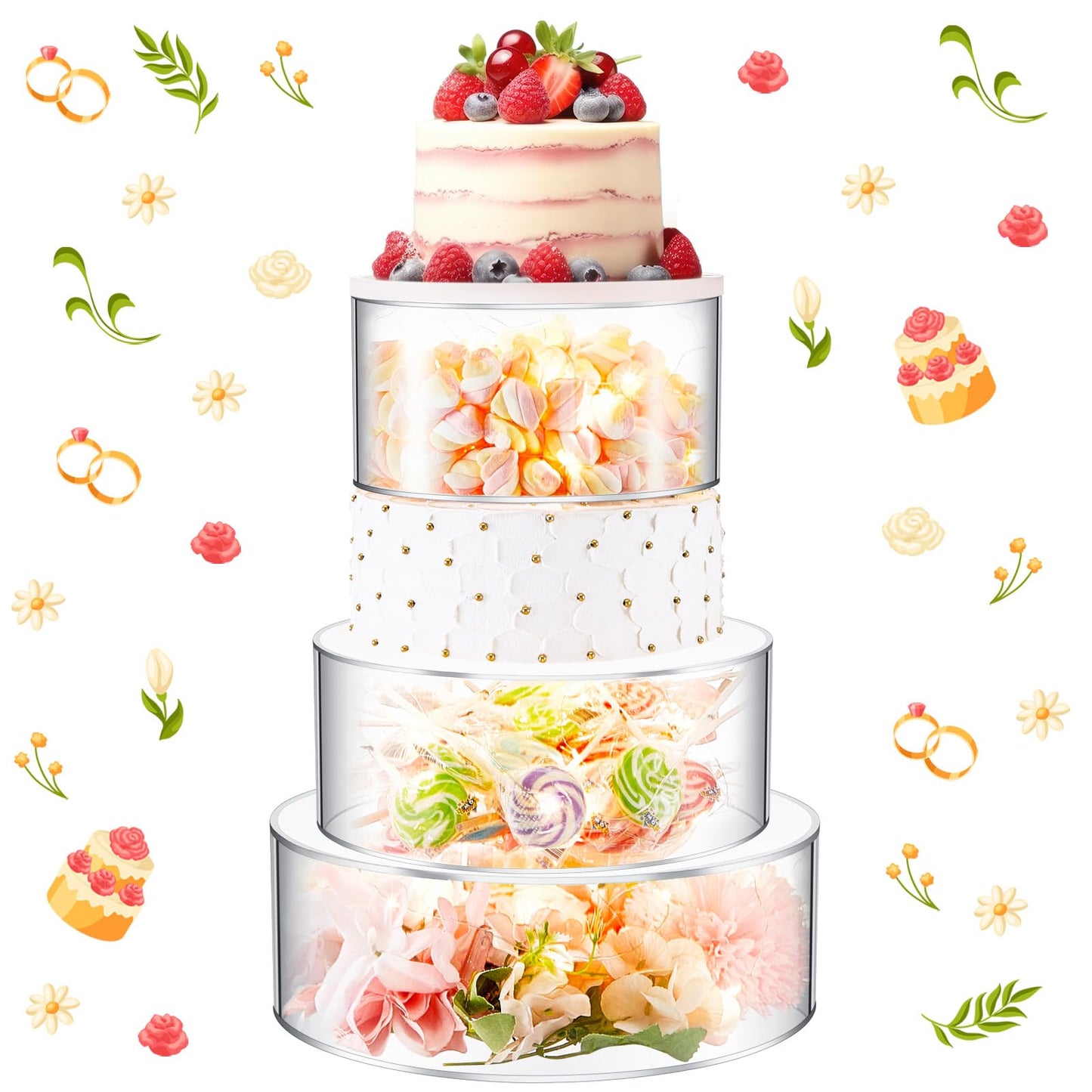 Sintuff 3 Pcs Acrylic Cake Stand with LED Lights 6'', 8'', 10'' Clear Fillable Cake Riser Round 3 Tier Case Cylinder Box for Wedding Birthday Holiday Party Food Display, 3 Sizes