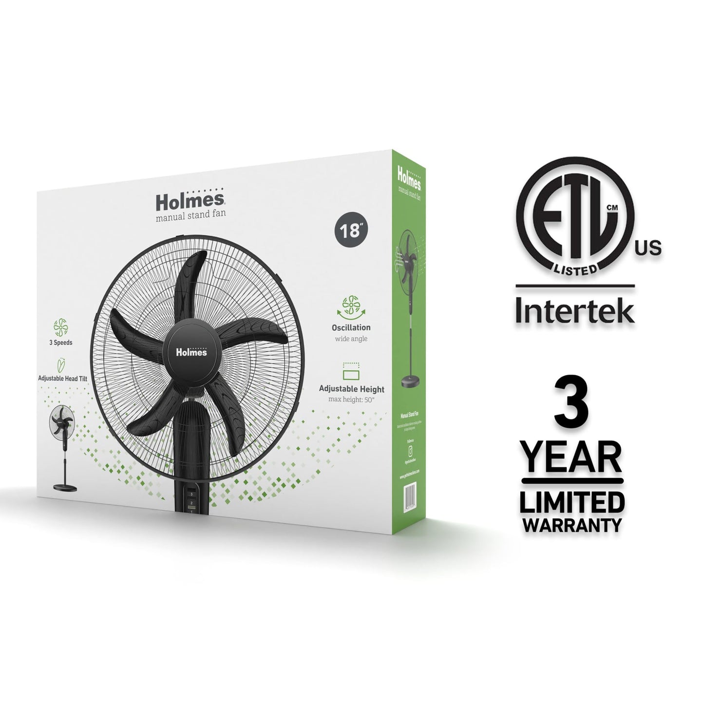 Holmes 18 Inch Oscillating Stand Fan 3 Speed Powerful Airflow Adjustable Height 30 Degree Tilt Wide Angle Cooling Quiet Operation for Bedroom Living Room Home Office Gym Black