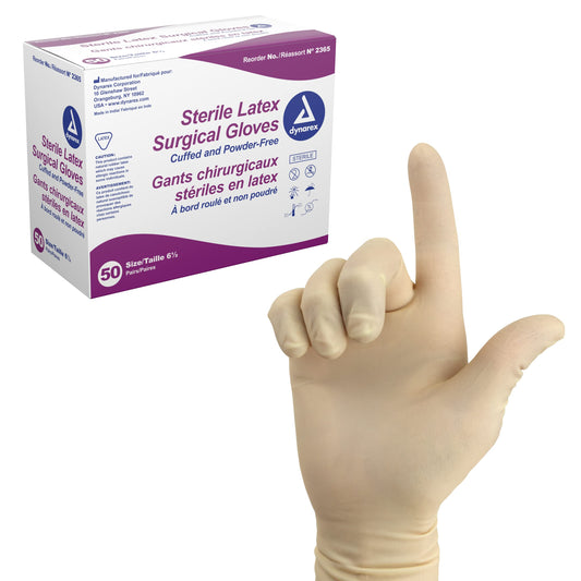 Dynarex Sterile Disposable Latex Surgical Gloves, Powder-Free and Sterile, Packaged in Pairs, Professional Medical and Healthcare Use, Veterinary Clinic, Bisque, Size 6.5, 1 Box of 50 Pairs of Gloves