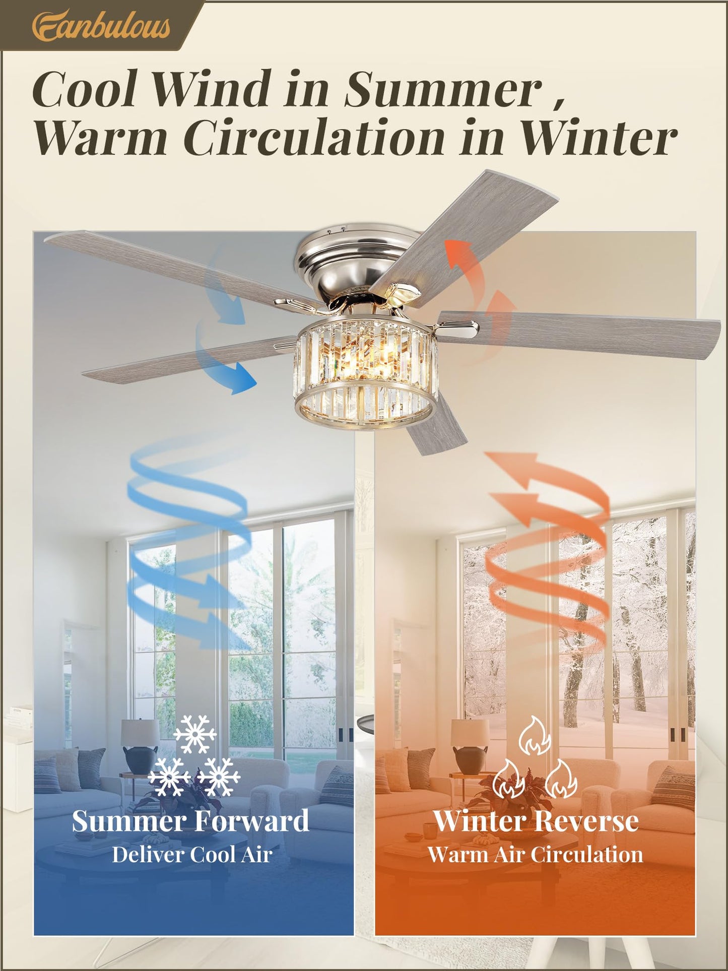 56 Inch Modern Crystal Chandelier Fan, Brushed Nickel Fandelier Ceiling Fan with Light, 6-Speeds, Quiet Reversible DC Motor, Flush Mount Ceiling Fan with Lights for Bedroom, Living Room